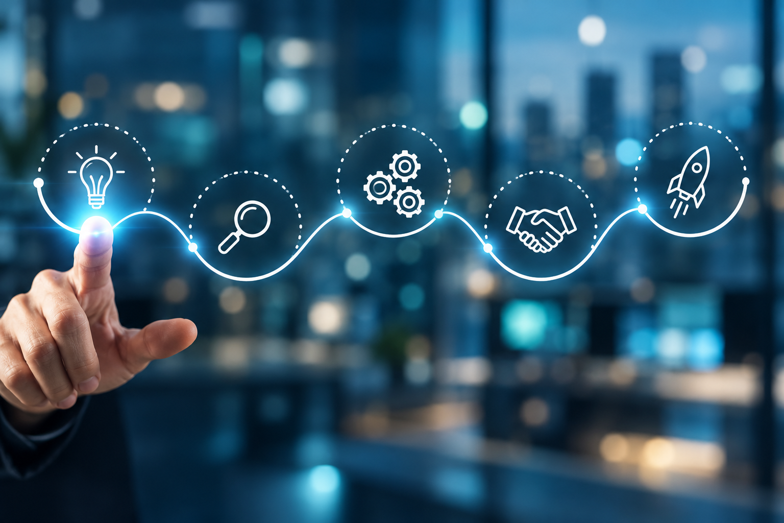 Product development journey showing connected ideas, research, engineering, partnership and launch symbols